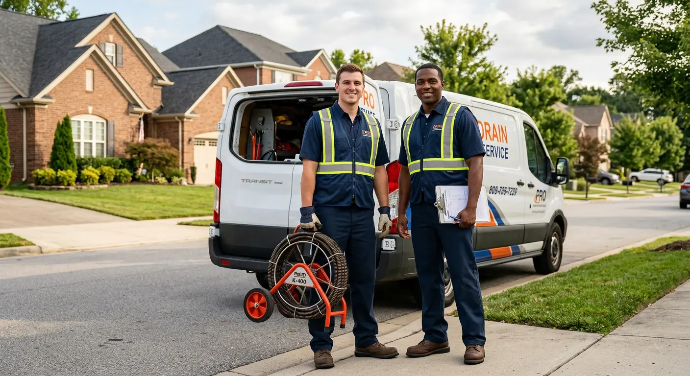 Sewer and drain service team with equipment ready for work in Red Oak