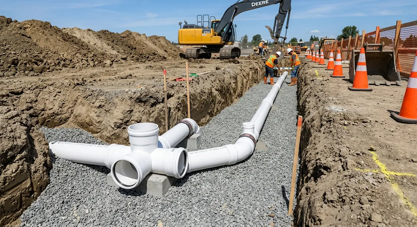 New PVC sewer pipe installation in open trench for Commercial Drain Cleaning in Red Oak