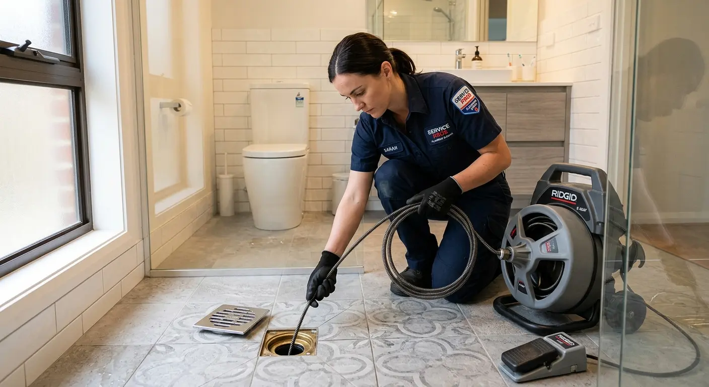 Technician clearing a bathroom floor drain for Hydro Jetting in Red Oak